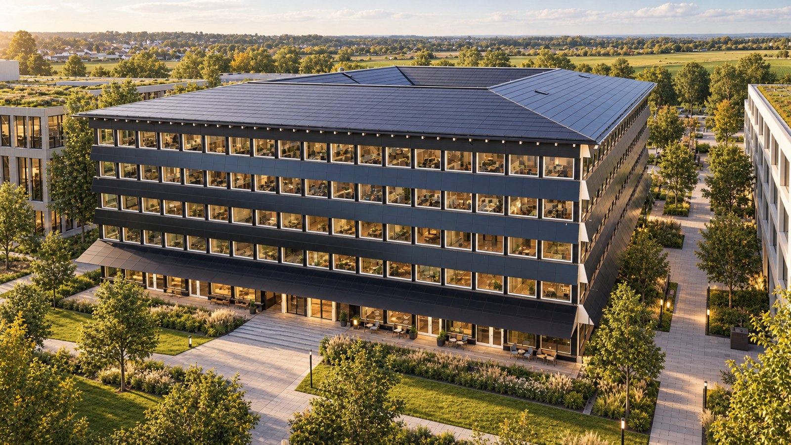 Architekturvisualisierung eines Gewerbegebäudes mit geschlossenem Solardach